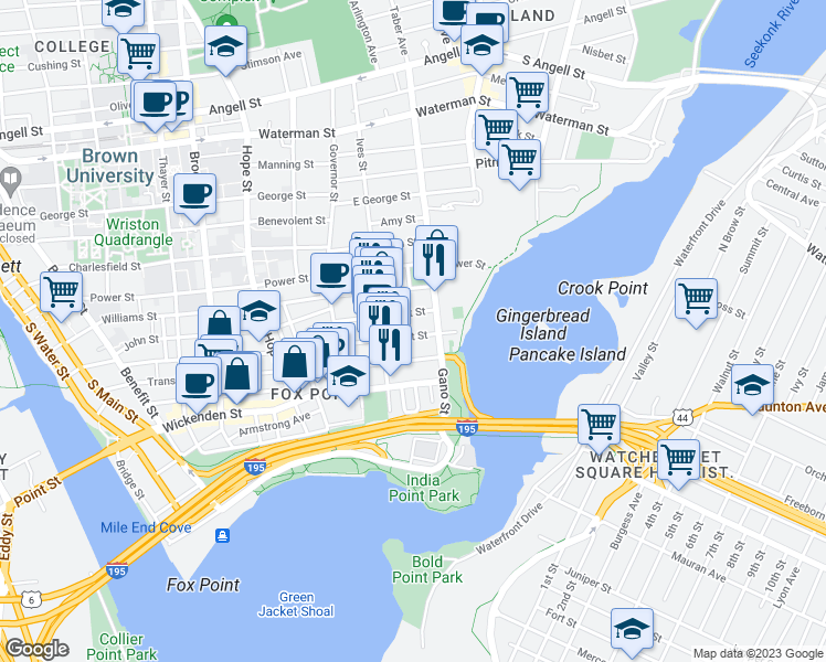 map of restaurants, bars, coffee shops, grocery stores, and more near 57 East Transit Street in Providence