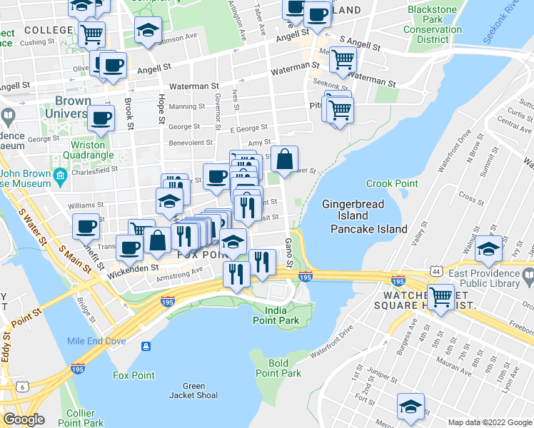 map of restaurants, bars, coffee shops, grocery stores, and more near 57 East Transit Street in Providence