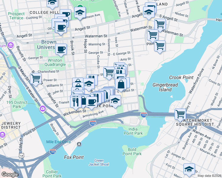 map of restaurants, bars, coffee shops, grocery stores, and more near 44 Governor Street in Providence