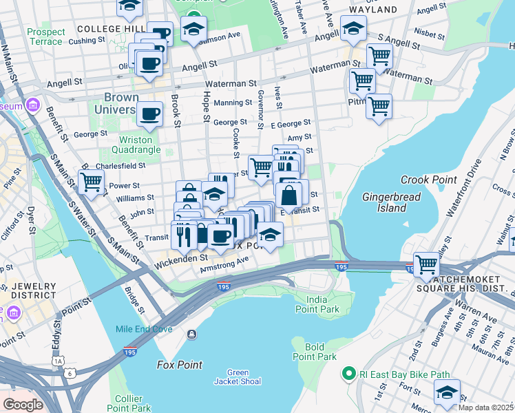 map of restaurants, bars, coffee shops, grocery stores, and more near 44 Governor Street in Providence