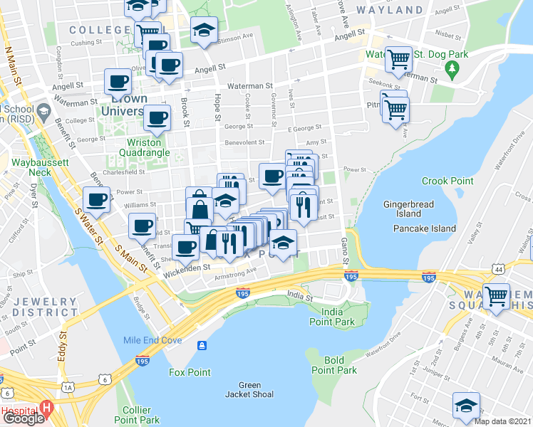 map of restaurants, bars, coffee shops, grocery stores, and more near 44 Governor Street in Providence