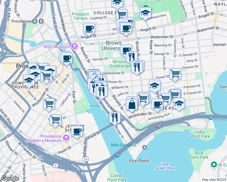 map of restaurants, bars, coffee shops, grocery stores, and more near 376 Benefit Street in Providence