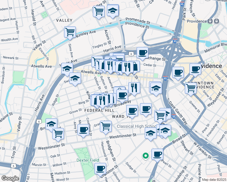 map of restaurants, bars, coffee shops, grocery stores, and more near 78 America Street in Providence