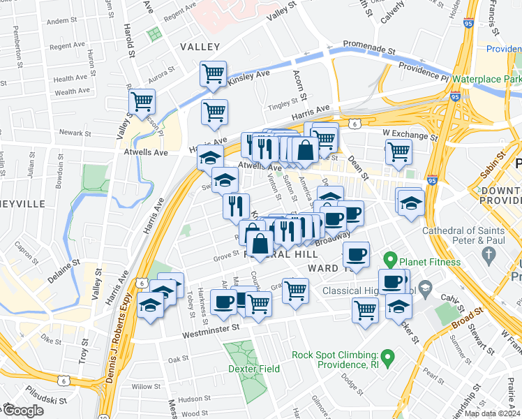 map of restaurants, bars, coffee shops, grocery stores, and more near 22 Penn Street in Providence