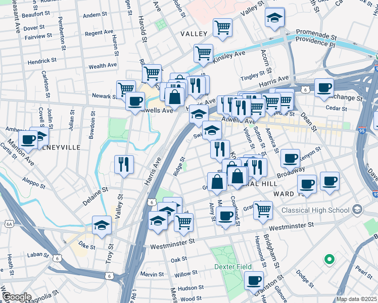 map of restaurants, bars, coffee shops, grocery stores, and more near 125 Tell Street in Providence