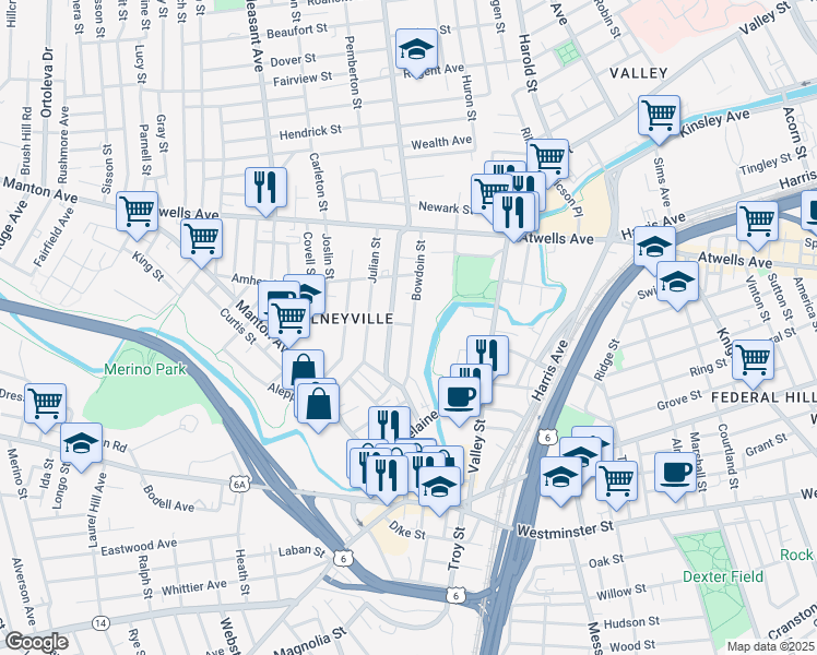 map of restaurants, bars, coffee shops, grocery stores, and more near 60 Bowdoin Street in Providence