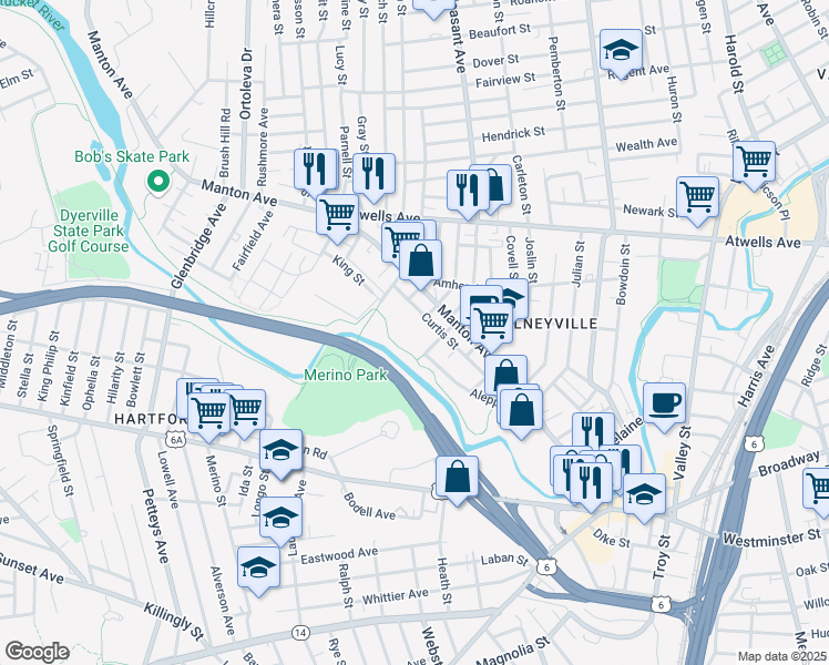 map of restaurants, bars, coffee shops, grocery stores, and more near 80 Curtis Street in Providence