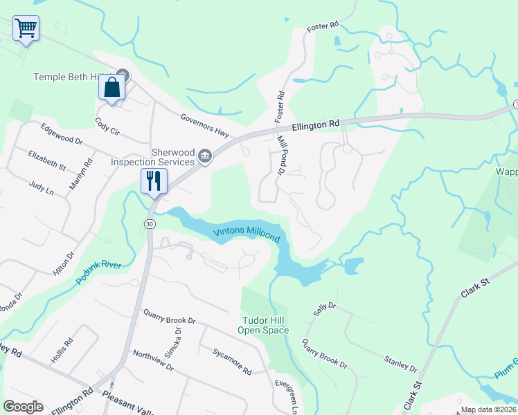 map of restaurants, bars, coffee shops, grocery stores, and more near 2801 Mill Pond Drive in South Windsor
