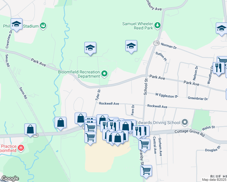 map of restaurants, bars, coffee shops, grocery stores, and more near 355 Park Avenue in Bloomfield