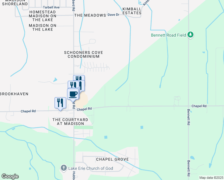map of restaurants, bars, coffee shops, grocery stores, and more near 6831 Chapel Road in Madison
