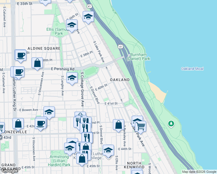 map of restaurants, bars, coffee shops, grocery stores, and more near 21 South Ellis Avenue in Chicago