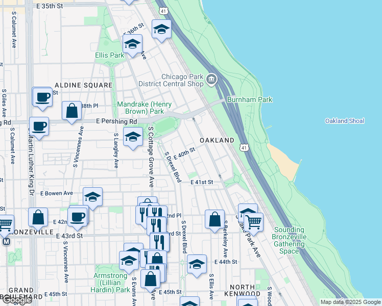 map of restaurants, bars, coffee shops, grocery stores, and more near 21 South Ellis Avenue in Chicago