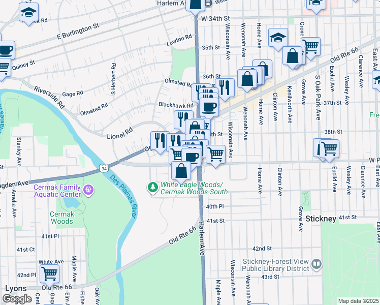 map of restaurants, bars, coffee shops, grocery stores, and more near 7226 39th Street in Lyons