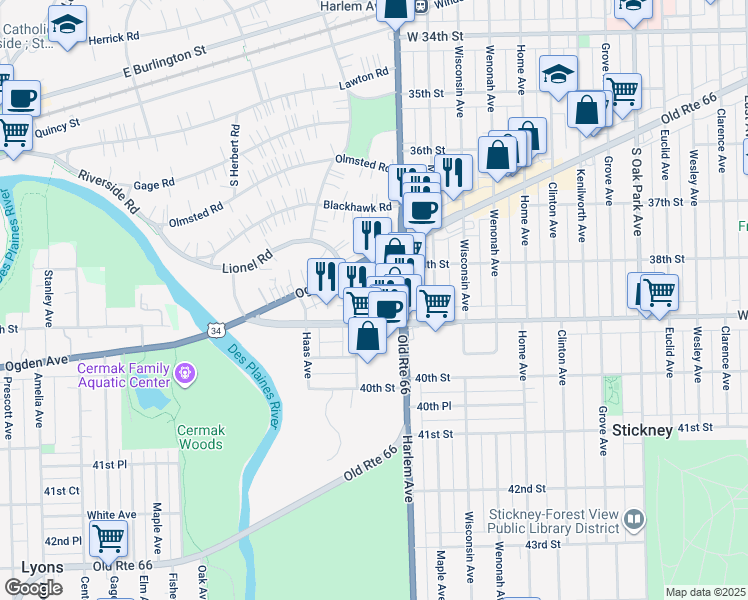 map of restaurants, bars, coffee shops, grocery stores, and more near 7226 39th Street in Lyons