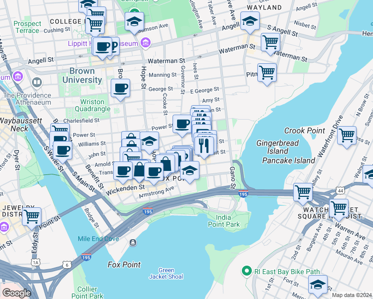 map of restaurants, bars, coffee shops, grocery stores, and more near 44 Governor Street in Providence
