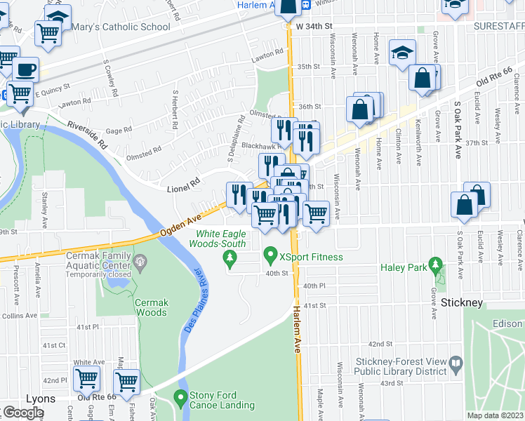 map of restaurants, bars, coffee shops, grocery stores, and more near 7233 38th Place in Lyons