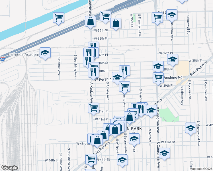 map of restaurants, bars, coffee shops, grocery stores, and more near 3100 West 39th Place in Chicago
