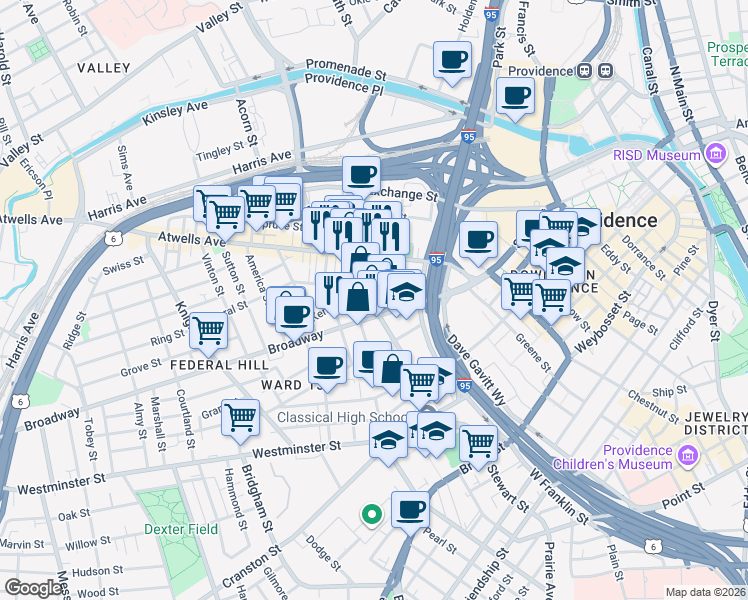 map of restaurants, bars, coffee shops, grocery stores, and more near 159 Broadway in Providence