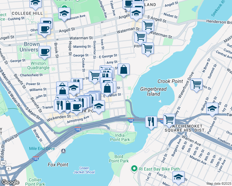 map of restaurants, bars, coffee shops, grocery stores, and more near 57 East Transit Street in Providence