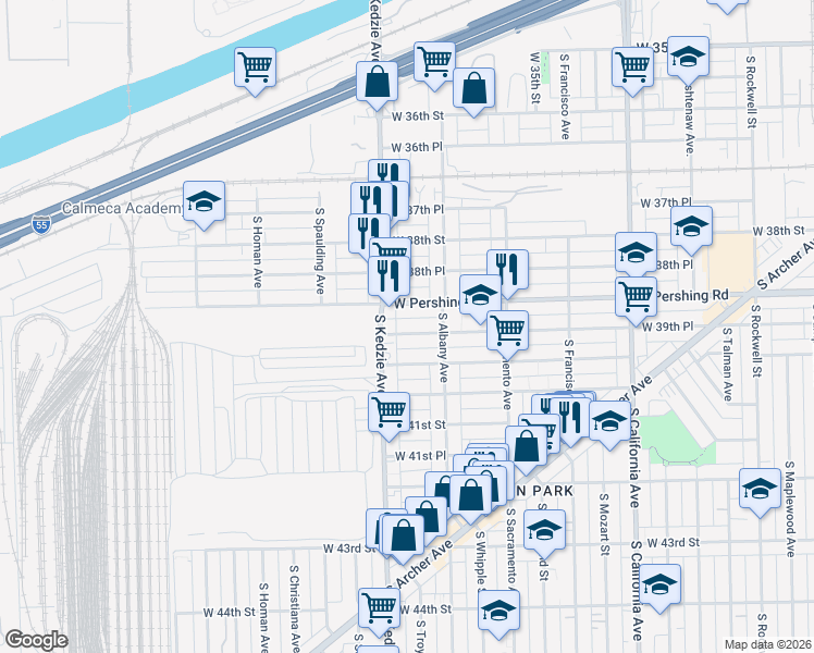 map of restaurants, bars, coffee shops, grocery stores, and more near 3134 West 39th Place in Chicago