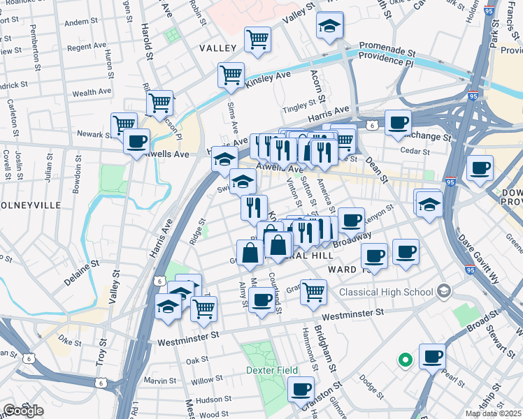 map of restaurants, bars, coffee shops, grocery stores, and more near 56 Tell Street in Providence
