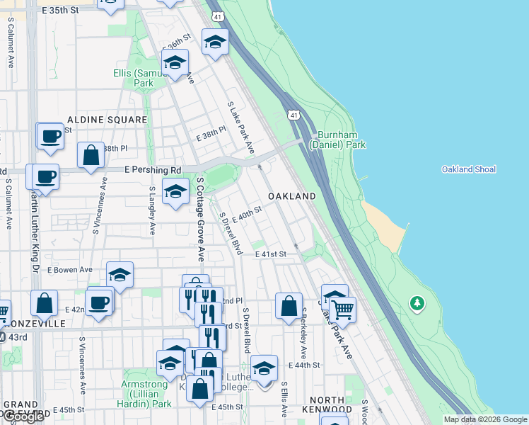 map of restaurants, bars, coffee shops, grocery stores, and more near 21 South Ellis Avenue in Chicago