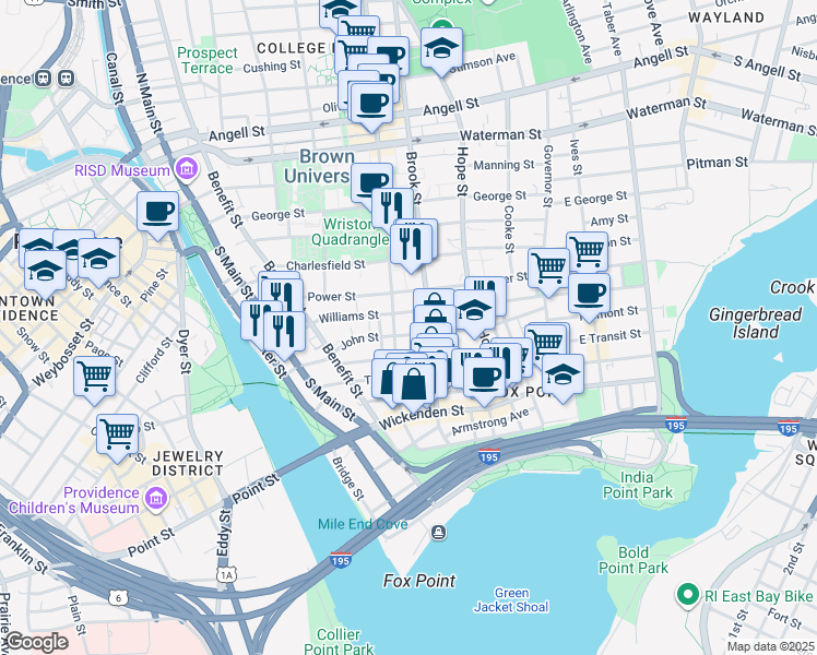 map of restaurants, bars, coffee shops, grocery stores, and more near 31 John Street in Providence