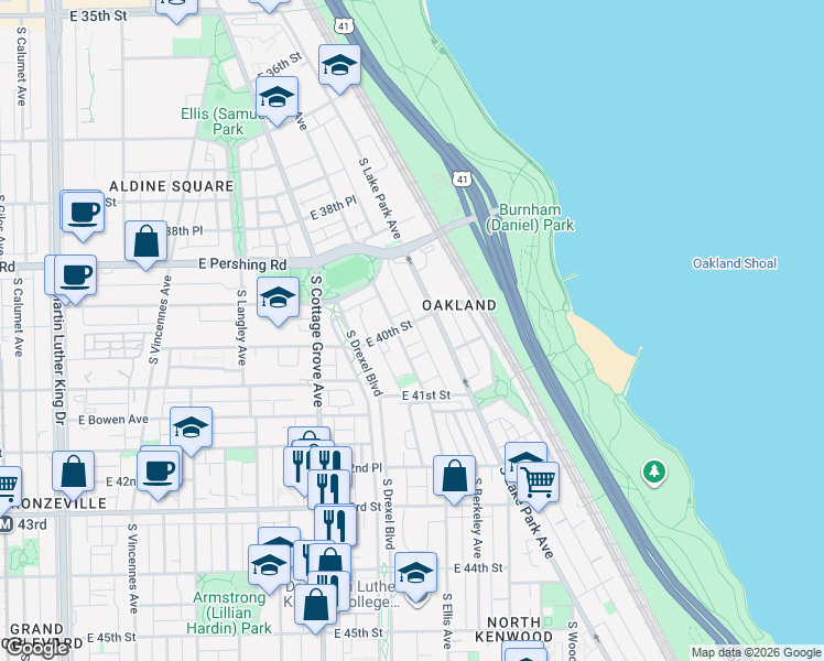 map of restaurants, bars, coffee shops, grocery stores, and more near 21 South Ellis Avenue in Chicago