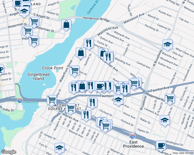 map of restaurants, bars, coffee shops, grocery stores, and more near 71 Vine Street in East Providence