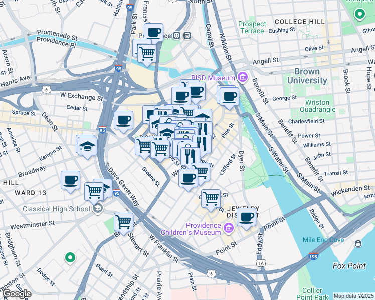 map of restaurants, bars, coffee shops, grocery stores, and more near 233 Weybosset Street in Providence