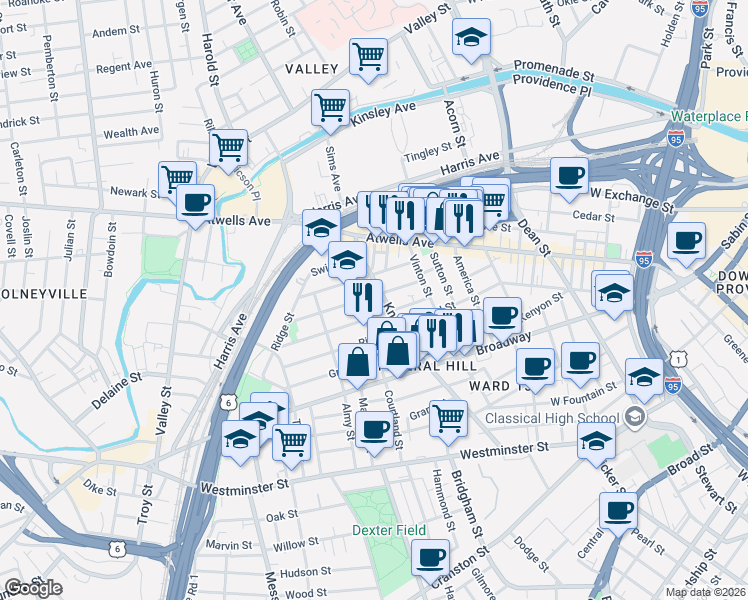 map of restaurants, bars, coffee shops, grocery stores, and more near 56 Tell Street in Providence