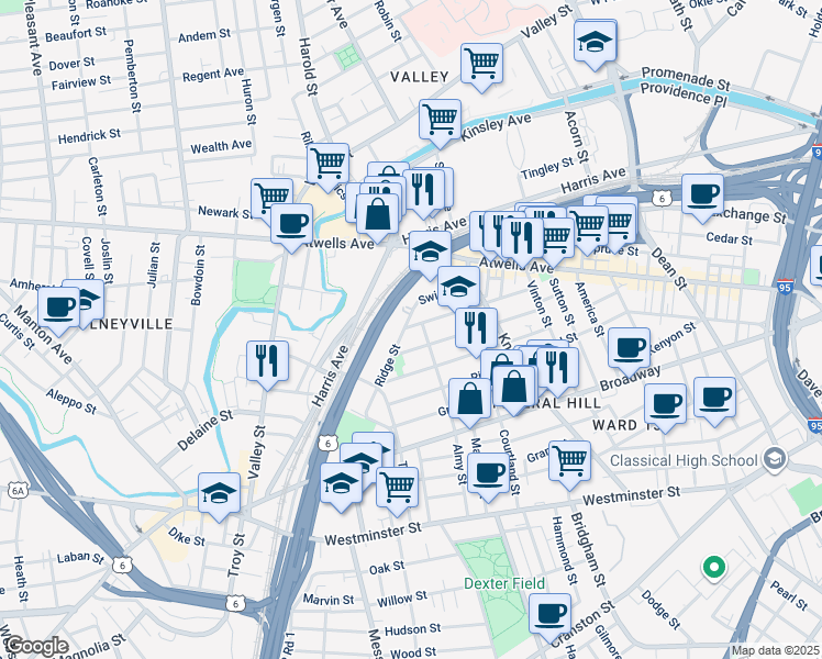 map of restaurants, bars, coffee shops, grocery stores, and more near 132 Gesler Street in Providence