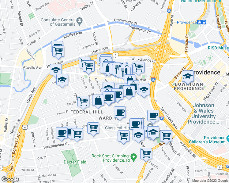 map of restaurants, bars, coffee shops, grocery stores, and more near 132 De Pasquale Avenue in Providence