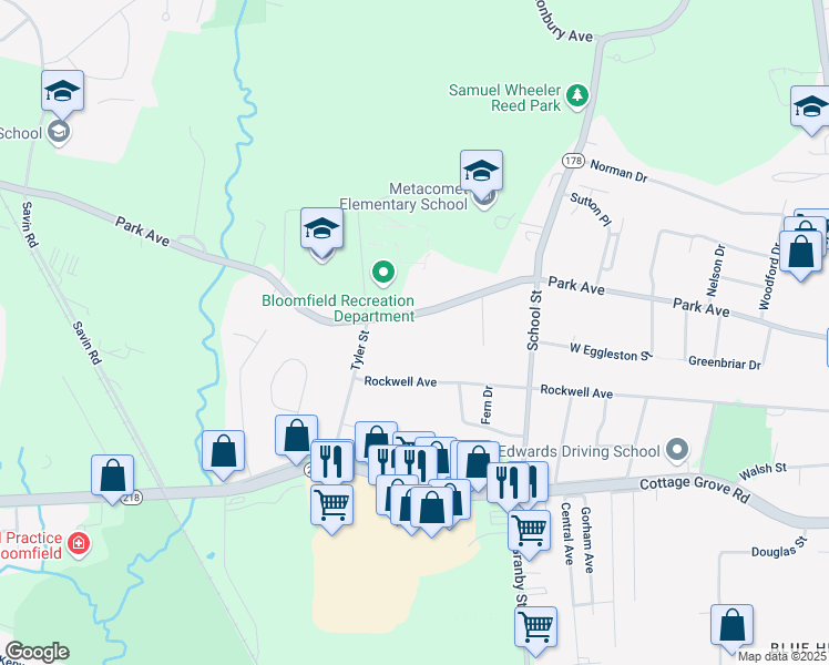map of restaurants, bars, coffee shops, grocery stores, and more near 355 Park Avenue in Bloomfield