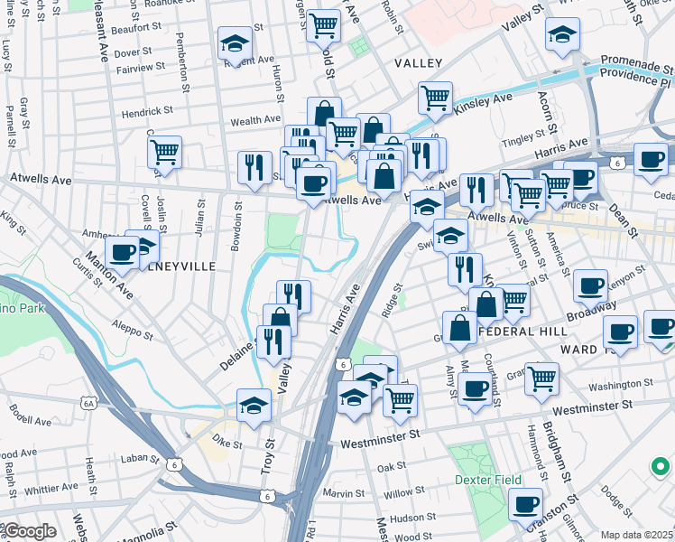 map of restaurants, bars, coffee shops, grocery stores, and more near 37 1/2 Harris Avenue in Providence