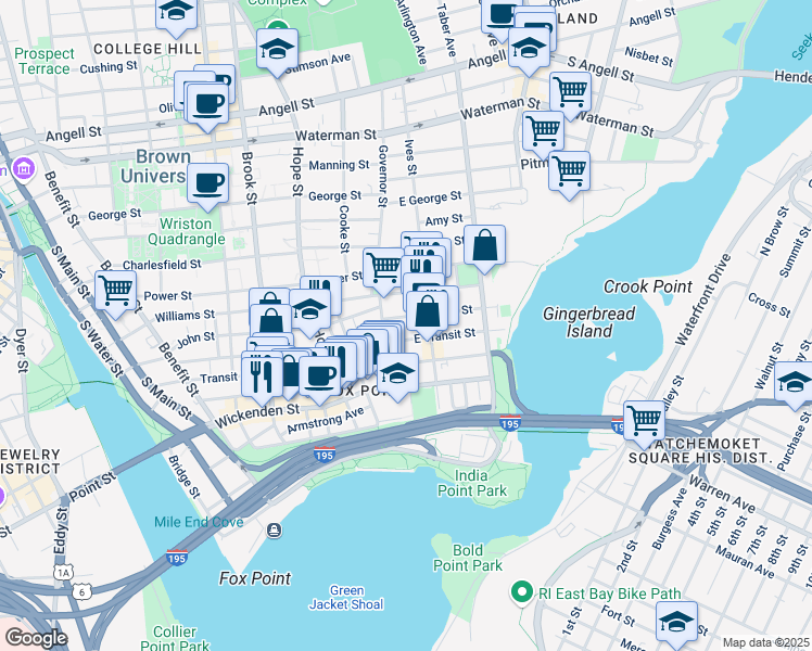 map of restaurants, bars, coffee shops, grocery stores, and more near 27 East Transit Street in Providence