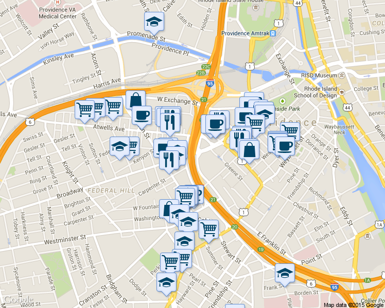 map of restaurants, bars, coffee shops, grocery stores, and more near 10 Broadway in Providence