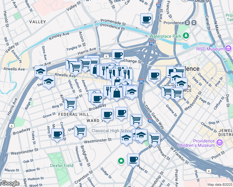 map of restaurants, bars, coffee shops, grocery stores, and more near 16 Pallas Street in Providence