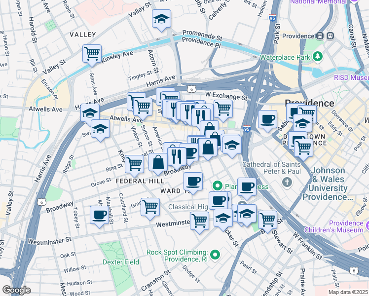 map of restaurants, bars, coffee shops, grocery stores, and more near in Providence