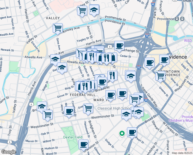 map of restaurants, bars, coffee shops, grocery stores, and more near 78 America Street in Providence