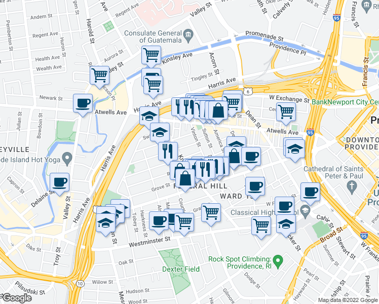 map of restaurants, bars, coffee shops, grocery stores, and more near 22 Penn Street in Providence