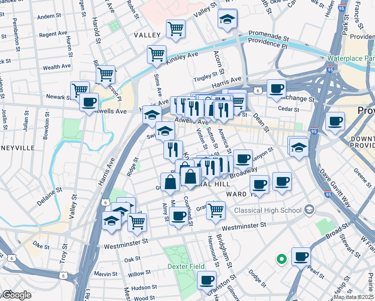 map of restaurants, bars, coffee shops, grocery stores, and more near 57 Penn Street in Providence