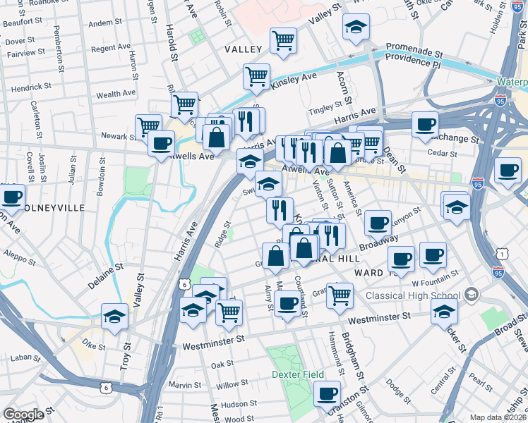 map of restaurants, bars, coffee shops, grocery stores, and more near 92 Tell Street in Providence
