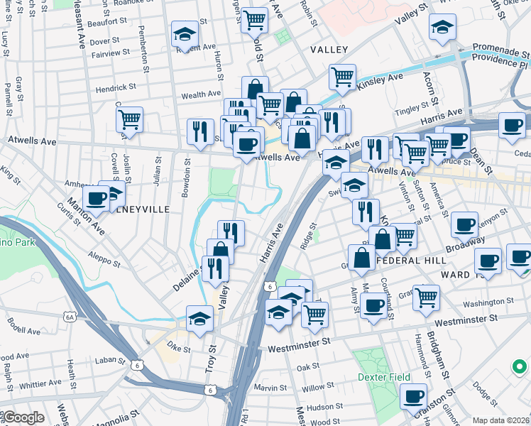 map of restaurants, bars, coffee shops, grocery stores, and more near 37 1/2 Harris Avenue in Providence