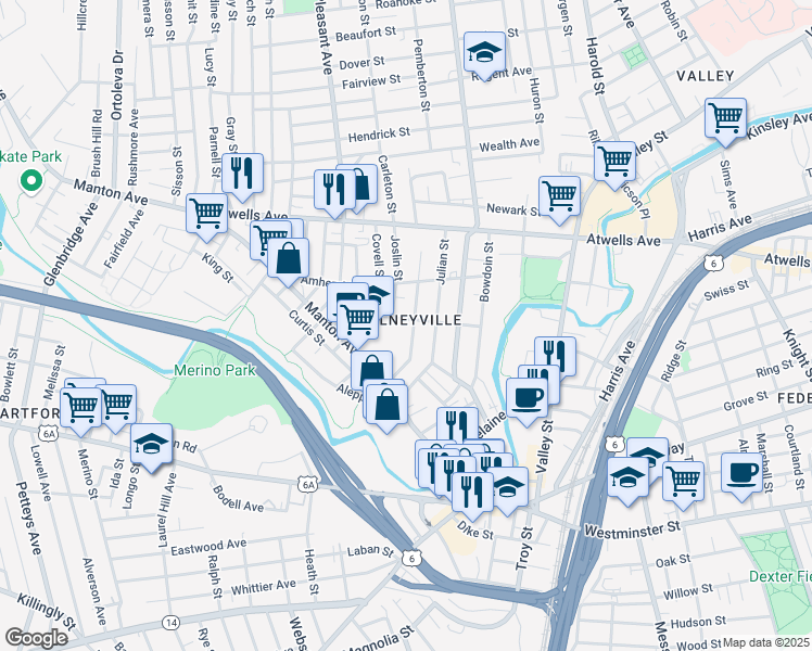 map of restaurants, bars, coffee shops, grocery stores, and more near 60 Kossuth Street in Providence
