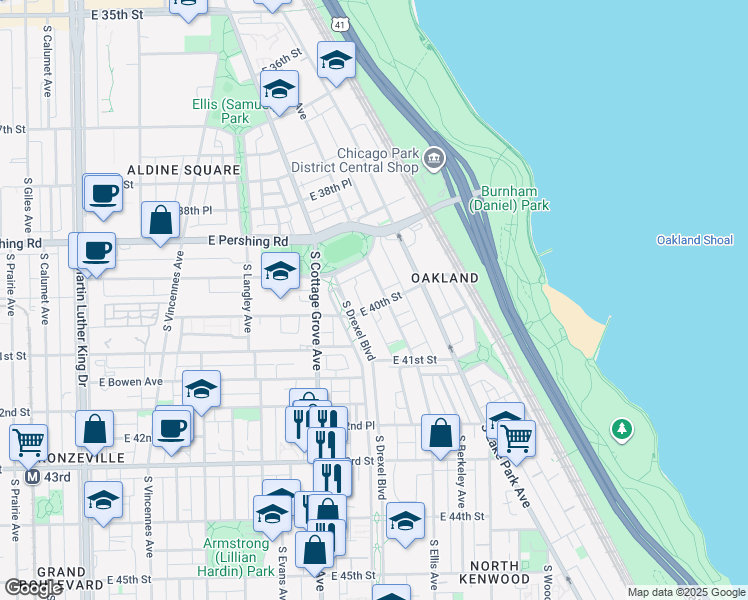 map of restaurants, bars, coffee shops, grocery stores, and more near 845 East 40th Street in Chicago