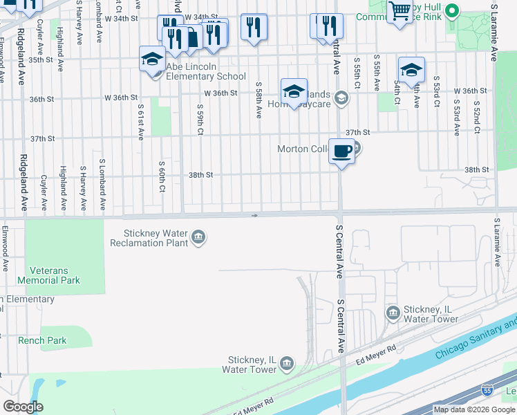 map of restaurants, bars, coffee shops, grocery stores, and more near in Stickney