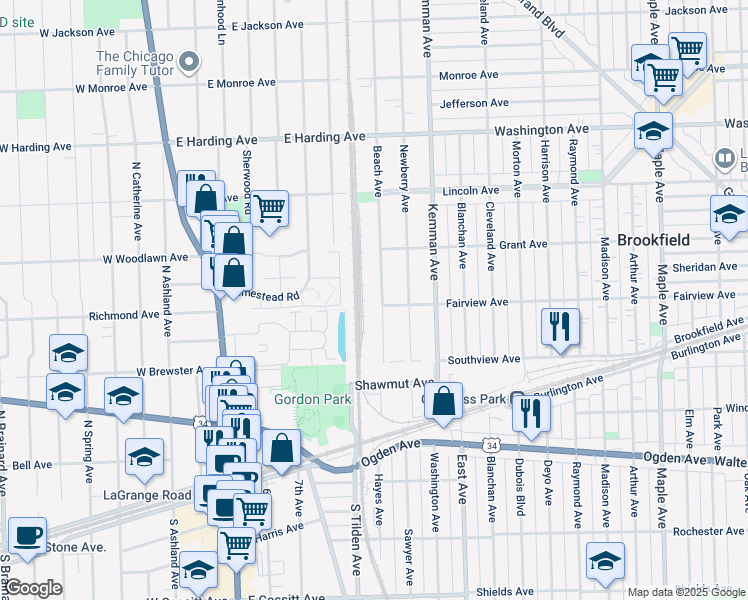 map of restaurants, bars, coffee shops, grocery stores, and more near 338 Beach Avenue in La Grange Park