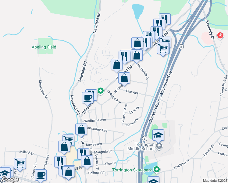 map of restaurants, bars, coffee shops, grocery stores, and more near 97 North Chapel Street in Torrington