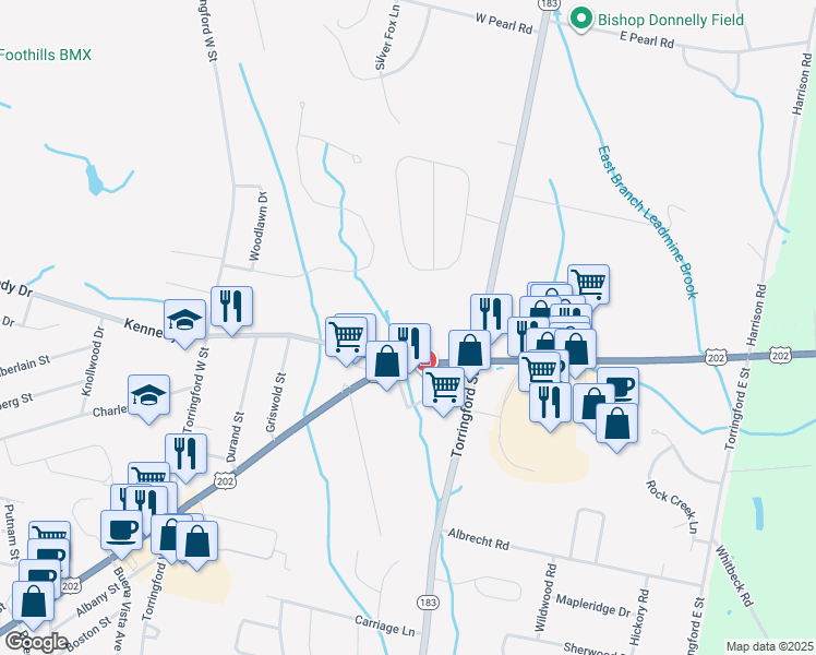map of restaurants, bars, coffee shops, grocery stores, and more near 1703 East Main Street in Torrington